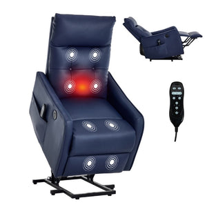 English Elm Black PU Leather Power Lift Recliner with Massage Heat and USB Charging Port Deep Blue W1803P536620