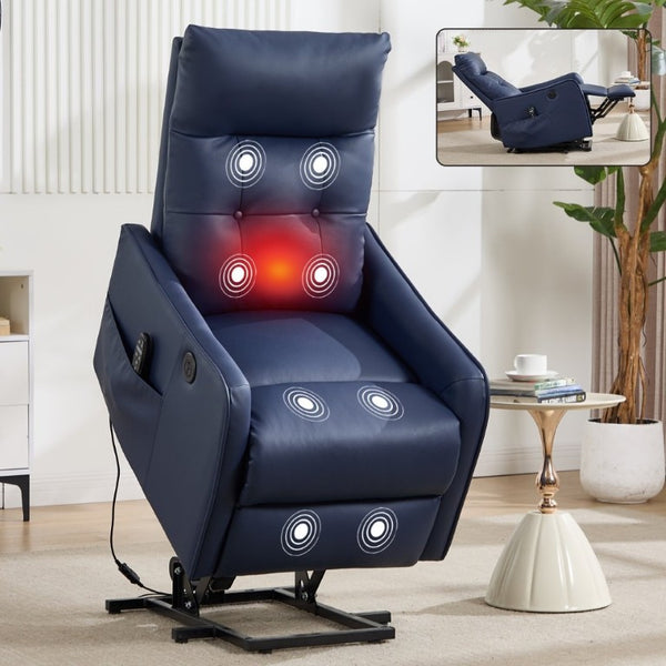 English Elm Black PU Leather Power Lift Recliner with Massage Heat and USB Charging Port Deep Blue W1803P536620