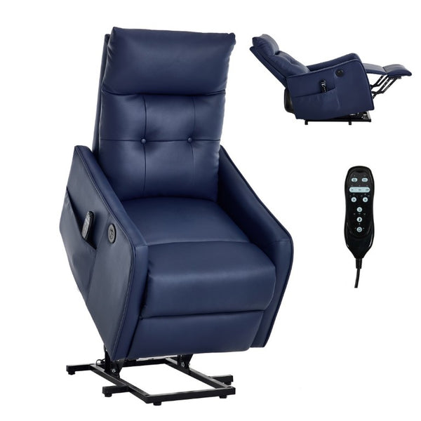 English Elm Black PU Leather Power Lift Recliner with Massage Heat and USB Charging Port Deep Blue W1803P536620