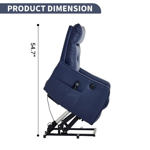 English Elm Black PU Leather Power Lift Recliner with Massage Heat and USB Charging Port Deep Blue W1803P536620