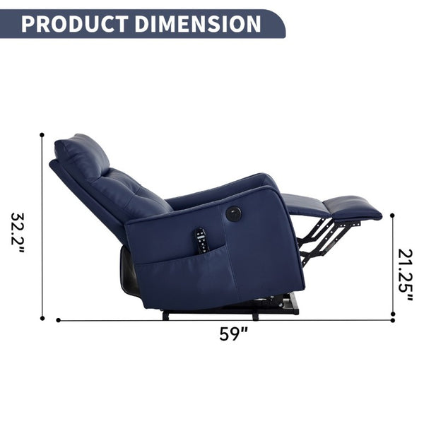 English Elm Black PU Leather Power Lift Recliner with Massage Heat and USB Charging Port Deep Blue W1803P536620