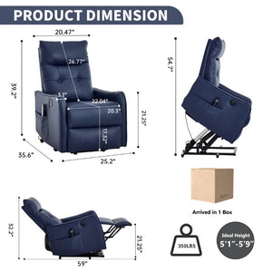 English Elm Black PU Leather Power Lift Recliner with Massage Heat and USB Charging Port Deep Blue W1803P536620