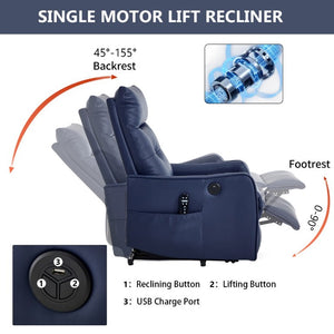 English Elm Black PU Leather Power Lift Recliner with Massage Heat and USB Charging Port Deep Blue W1803P536620