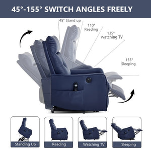 English Elm Black PU Leather Power Lift Recliner with Massage Heat and USB Charging Port Deep Blue W1803P536620