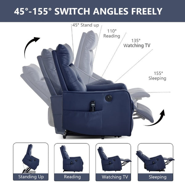 English Elm Black PU Leather Power Lift Recliner with Massage Heat and USB Charging Port Deep Blue W1803P536620