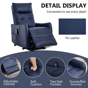 English Elm Black PU Leather Power Lift Recliner with Massage Heat and USB Charging Port Deep Blue W1803P536620