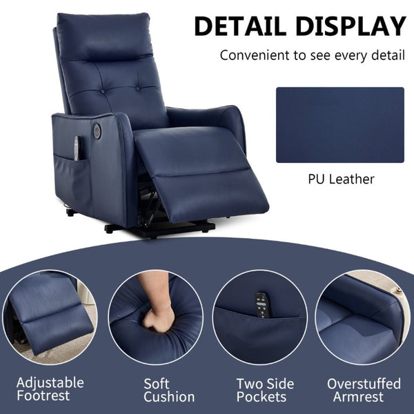 English Elm Black PU Leather Power Lift Recliner with Massage Heat and USB Charging Port Deep Blue W1803P536620