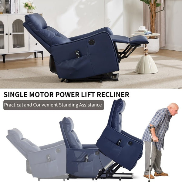English Elm Black PU Leather Power Lift Recliner with Massage Heat and USB Charging Port Deep Blue W1803P536620