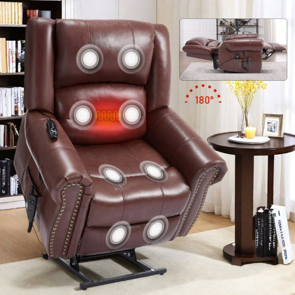 English Elm Power Lift Recliner Genuine Leather Dual Motor Massage Heat Infinite Position Chair Red W1803S00073