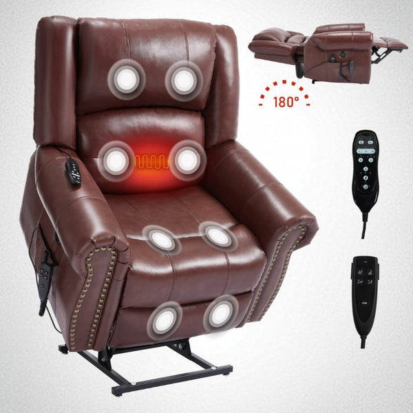 English Elm Power Lift Recliner Genuine Leather Dual Motor Massage Heat Infinite Position Chair Red W1803S00073