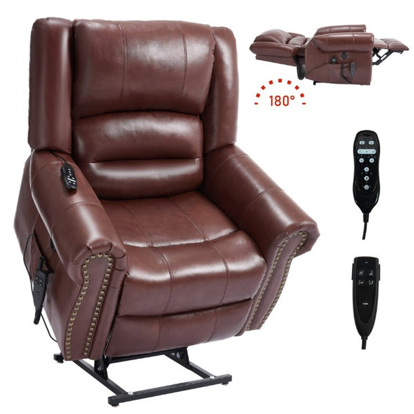English Elm Power Lift Recliner Genuine Leather Dual Motor Massage Heat Infinite Position Chair Red W1803S00073