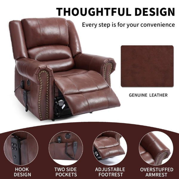English Elm Power Lift Recliner Genuine Leather Dual Motor Massage Heat Infinite Position Chair Red W1803S00073