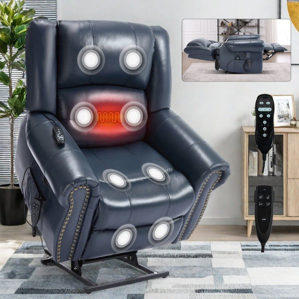 English Elm Power Lift Recliner Genuine Leather Dual Motor Massage Heat Infinite Position Chair Blue W1803S00074
