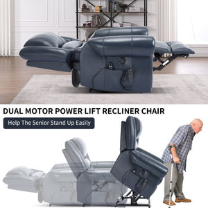 English Elm Power Lift Recliner Genuine Leather Dual Motor Massage Heat Infinite Position Chair Blue W1803S00074