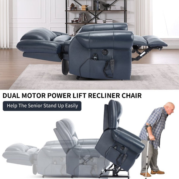 English Elm Power Lift Recliner Genuine Leather Dual Motor Massage Heat Infinite Position Chair Blue W1803S00074