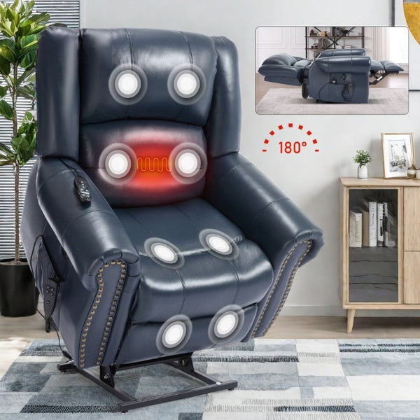 English Elm Power Lift Recliner Genuine Leather Dual Motor Massage Heat Infinite Position Chair Blue W1803S00074