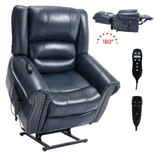 English Elm Power Lift Recliner Genuine Leather Dual Motor Massage Heat Infinite Position Chair Blue W1803S00074