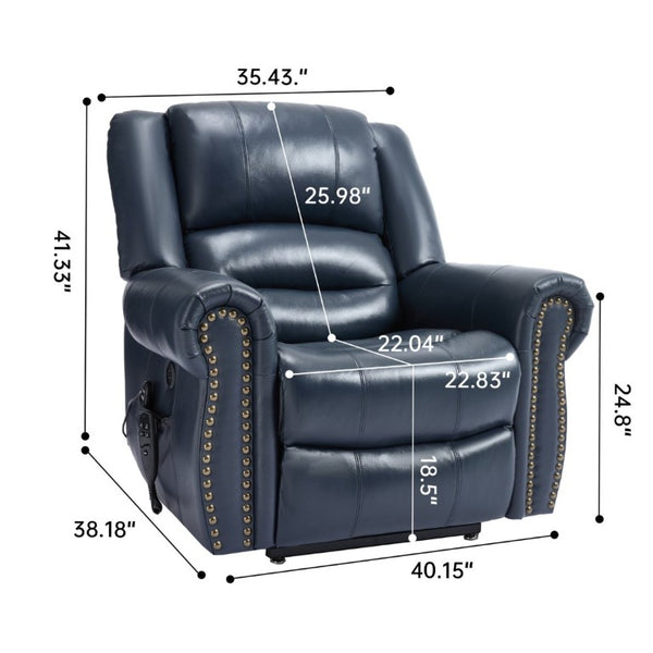 English Elm Power Lift Recliner Genuine Leather Dual Motor Massage Heat Infinite Position Chair Blue W1803S00074