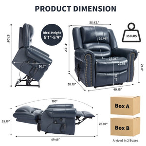 English Elm Power Lift Recliner Genuine Leather Dual Motor Massage Heat Infinite Position Chair Blue W1803S00074
