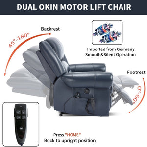 English Elm Power Lift Recliner Genuine Leather Dual Motor Massage Heat Infinite Position Chair Blue W1803S00074