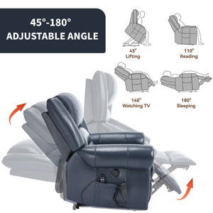 English Elm Power Lift Recliner Genuine Leather Dual Motor Massage Heat Infinite Position Chair Blue W1803S00074