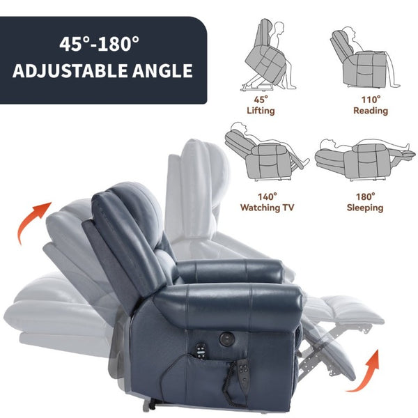 English Elm Power Lift Recliner Genuine Leather Dual Motor Massage Heat Infinite Position Chair Blue W1803S00074