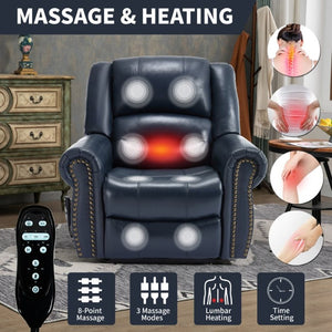 English Elm Power Lift Recliner Genuine Leather Dual Motor Massage Heat Infinite Position Chair Blue W1803S00074