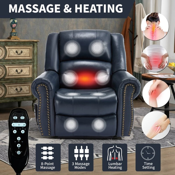 English Elm Power Lift Recliner Genuine Leather Dual Motor Massage Heat Infinite Position Chair Blue W1803S00074