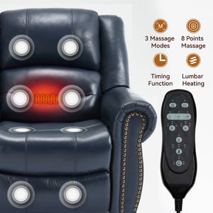 English Elm Power Lift Recliner Genuine Leather Dual Motor Massage Heat Infinite Position Chair Blue W1803S00074
