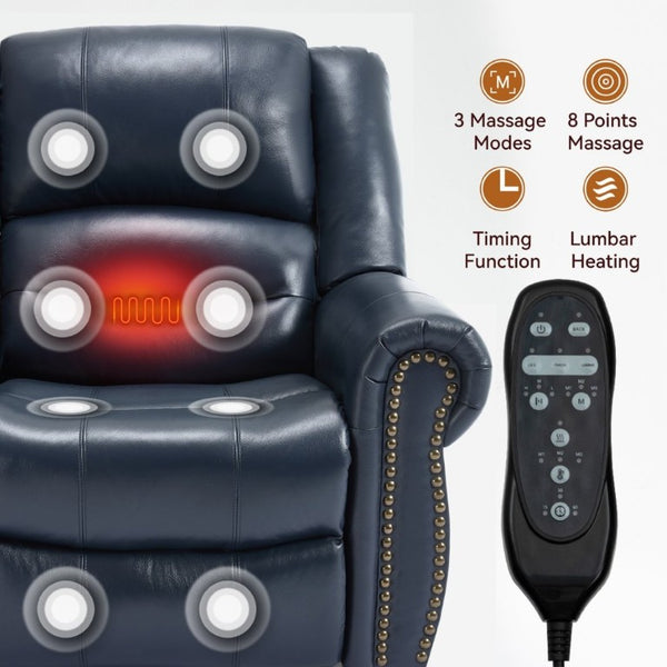 English Elm Power Lift Recliner Genuine Leather Dual Motor Massage Heat Infinite Position Chair Blue W1803S00074