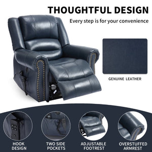 English Elm Power Lift Recliner Genuine Leather Dual Motor Massage Heat Infinite Position Chair Blue W1803S00074