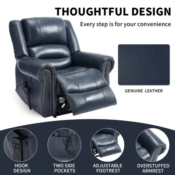 English Elm Power Lift Recliner Genuine Leather Dual Motor Massage Heat Infinite Position Chair Blue W1803S00074