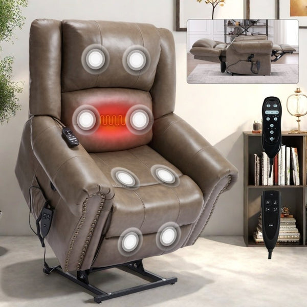 English Elm Power Lift Recliner Genuine Leather Dual Motor Massage Heat Infinite Position Chair Brown W1803S00075