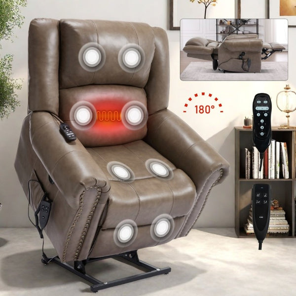 English Elm Power Lift Recliner Genuine Leather Dual Motor Massage Heat Infinite Position Chair Brown W1803S00075