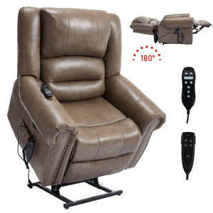 English Elm Power Lift Recliner Genuine Leather Dual Motor Massage Heat Infinite Position Chair Brown W1803S00075
