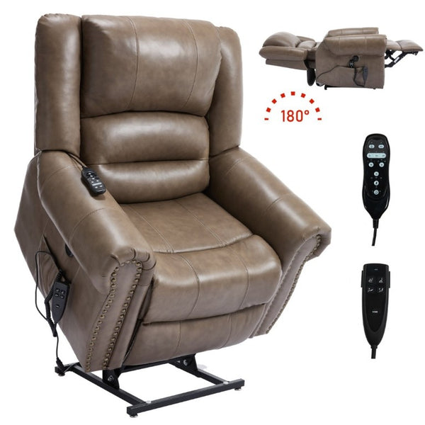 English Elm Power Lift Recliner Genuine Leather Dual Motor Massage Heat Infinite Position Chair Brown W1803S00075