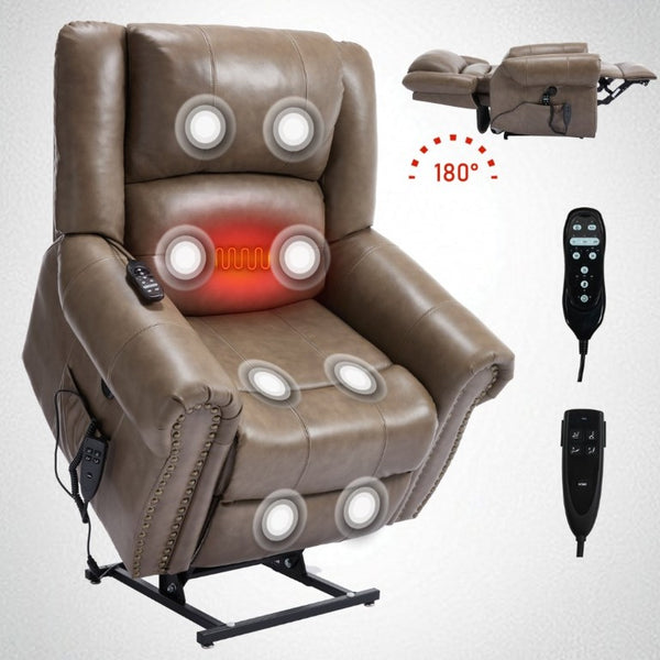 English Elm Power Lift Recliner Genuine Leather Dual Motor Massage Heat Infinite Position Chair Brown W1803S00075