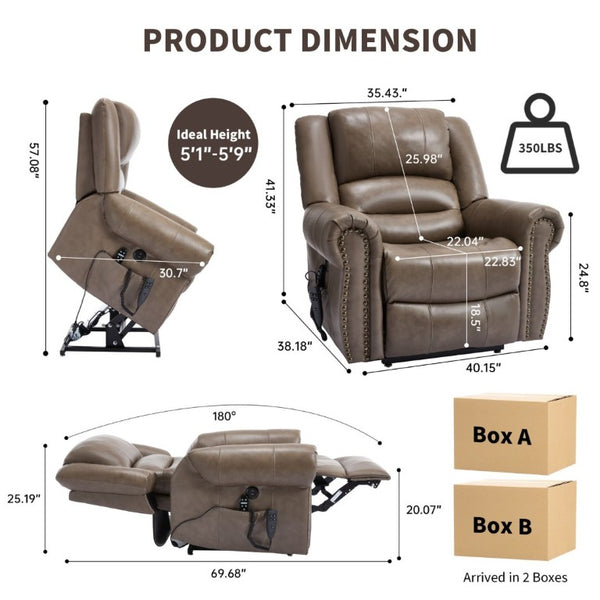 English Elm Power Lift Recliner Genuine Leather Dual Motor Massage Heat Infinite Position Chair Brown W1803S00075
