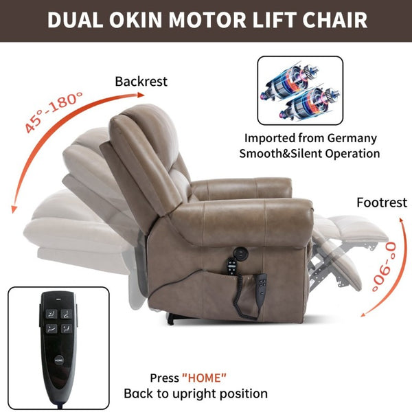 English Elm Power Lift Recliner Genuine Leather Dual Motor Massage Heat Infinite Position Chair Brown W1803S00075