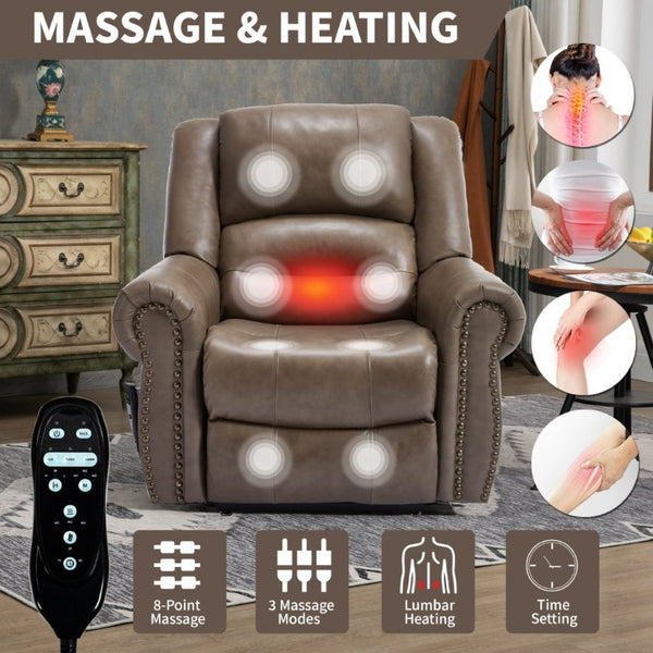 English Elm Power Lift Recliner Genuine Leather Dual Motor Massage Heat Infinite Position Chair Brown W1803S00075