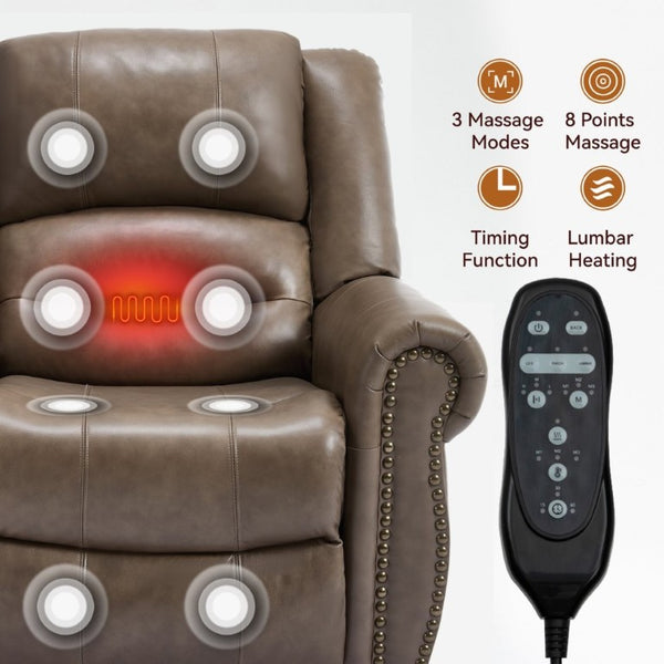 English Elm Power Lift Recliner Genuine Leather Dual Motor Massage Heat Infinite Position Chair Brown W1803S00075