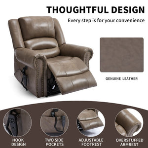 English Elm Power Lift Recliner Genuine Leather Dual Motor Massage Heat Infinite Position Chair Brown W1803S00075