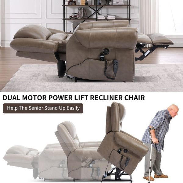 English Elm Power Lift Recliner Genuine Leather Dual Motor Massage Heat Infinite Position Chair Brown W1803S00075