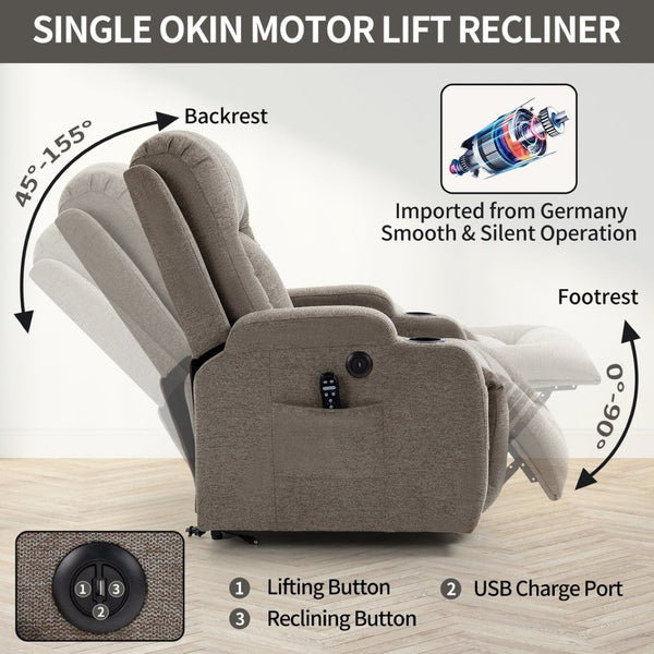 English Elm Infinite Position Power Lift Recliner with Massage Heat USB and Cup Holders for Elderly W1803S00094