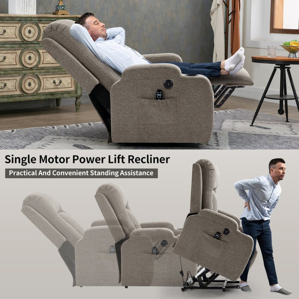 English Elm Infinite Position Power Lift Recliner with Massage Heat USB and Cup Holders for Elderly W1803S00094