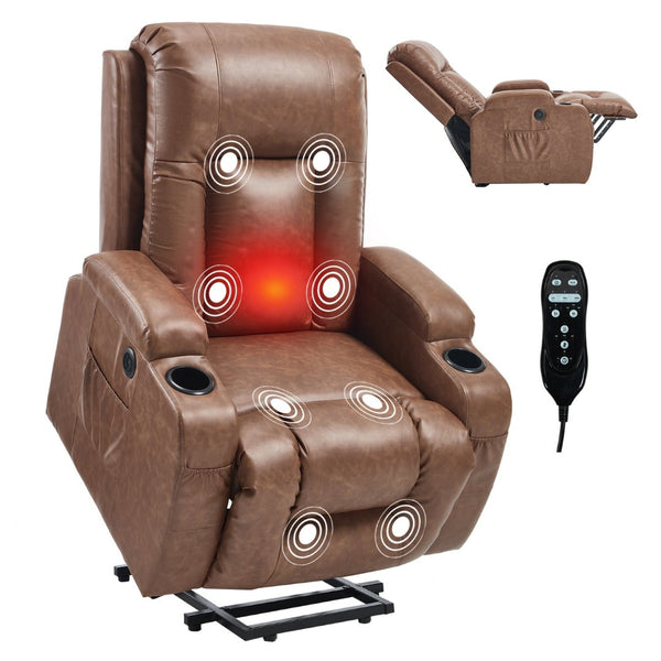 English Elm Brown PU Leather Power Lift Recliner with Massage Heat and USB Port for Seniors W1803S00097