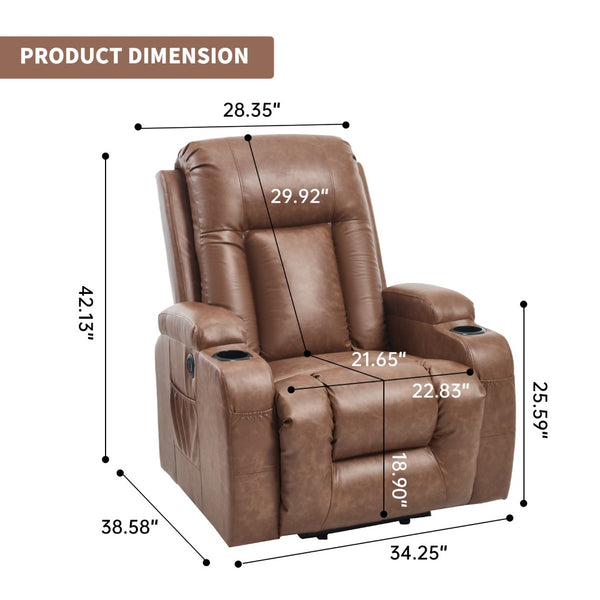English Elm Brown PU Leather Power Lift Recliner with Massage Heat and USB Port for Seniors W1803S00097