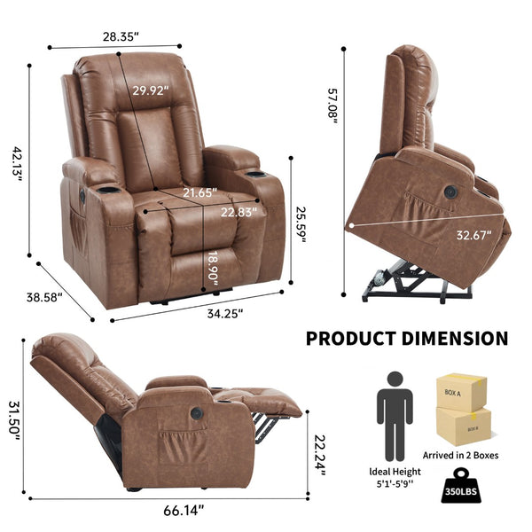 English Elm Brown PU Leather Power Lift Recliner with Massage Heat and USB Port for Seniors W1803S00097