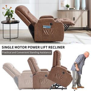 English Elm Brown PU Leather Power Lift Recliner with Massage Heat and USB Port for Seniors W1803S00097