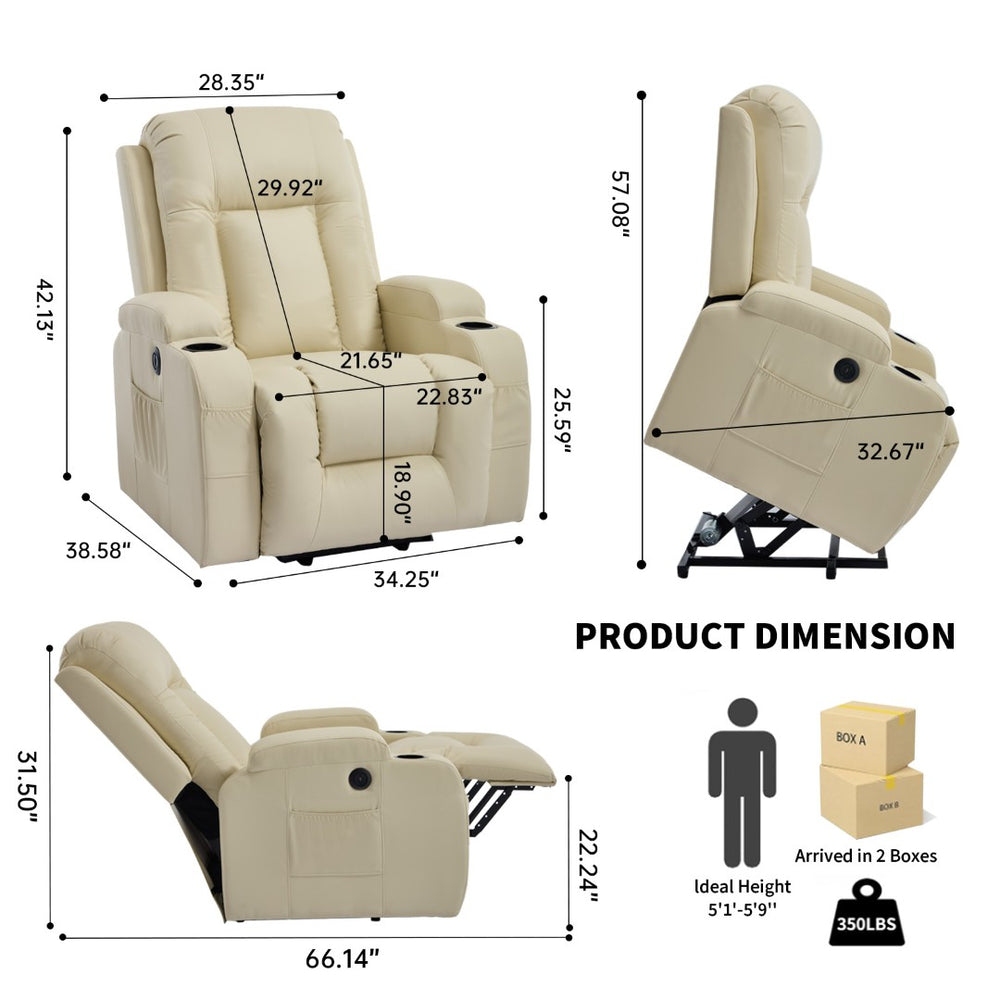 English Elm Beige PU Leather Power Lift Recliner with Massage Heat and USB for Elderly W1803S00099